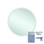 Thermogroup Kent round mirror with demister, glue-to-wall, showing bevelled edge and included demister icons