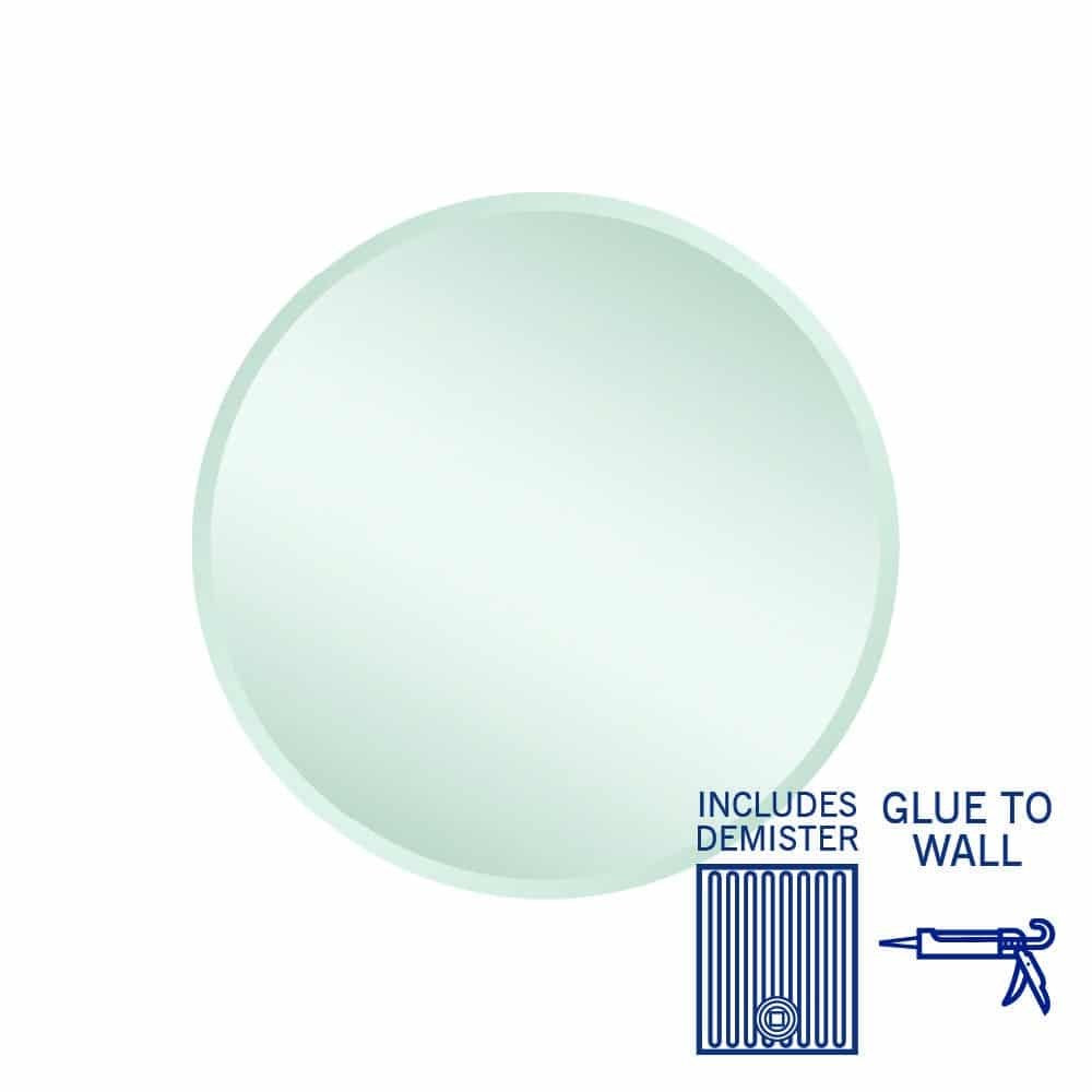 Thermogroup Kent round mirror with demister, glue-to-wall, showing bevelled edge and included demister icons