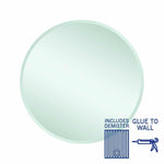 Thermogroup Kent round mirror with bevelled edge, glue-to-wall and demister icons on white background