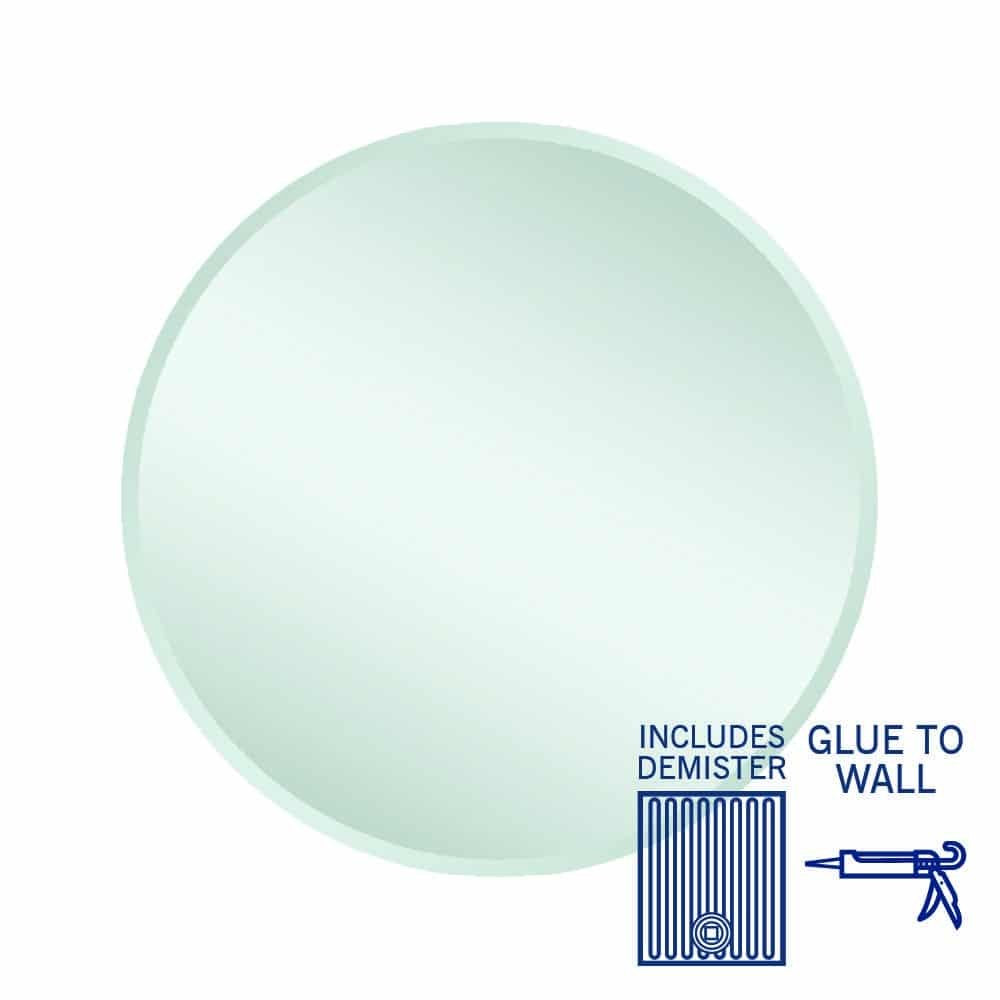 Thermogroup Kent round mirror with bevelled edge, glue-to-wall and demister icons on white background