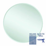 Thermogroup Kent round mirror with demister, glue-to-wall, shown in pale green tint with demister and glue icon overlay