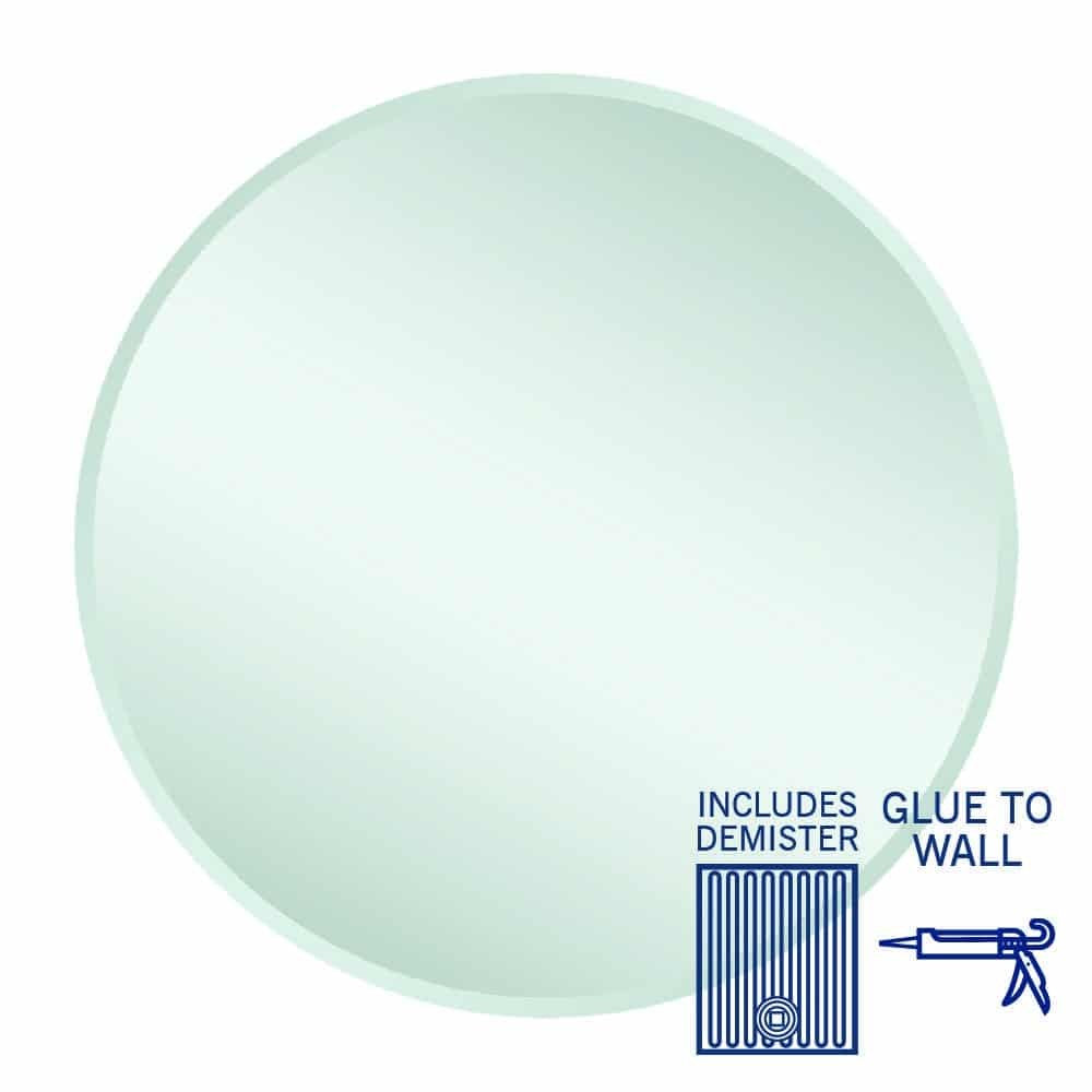 Thermogroup Kent round mirror with demister, glue-to-wall, shown in pale green tint with demister and glue icon overlay