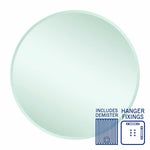 Thermogroup Kent round mirror with bevel edge, demister and hanger fixings, shown front on in white background