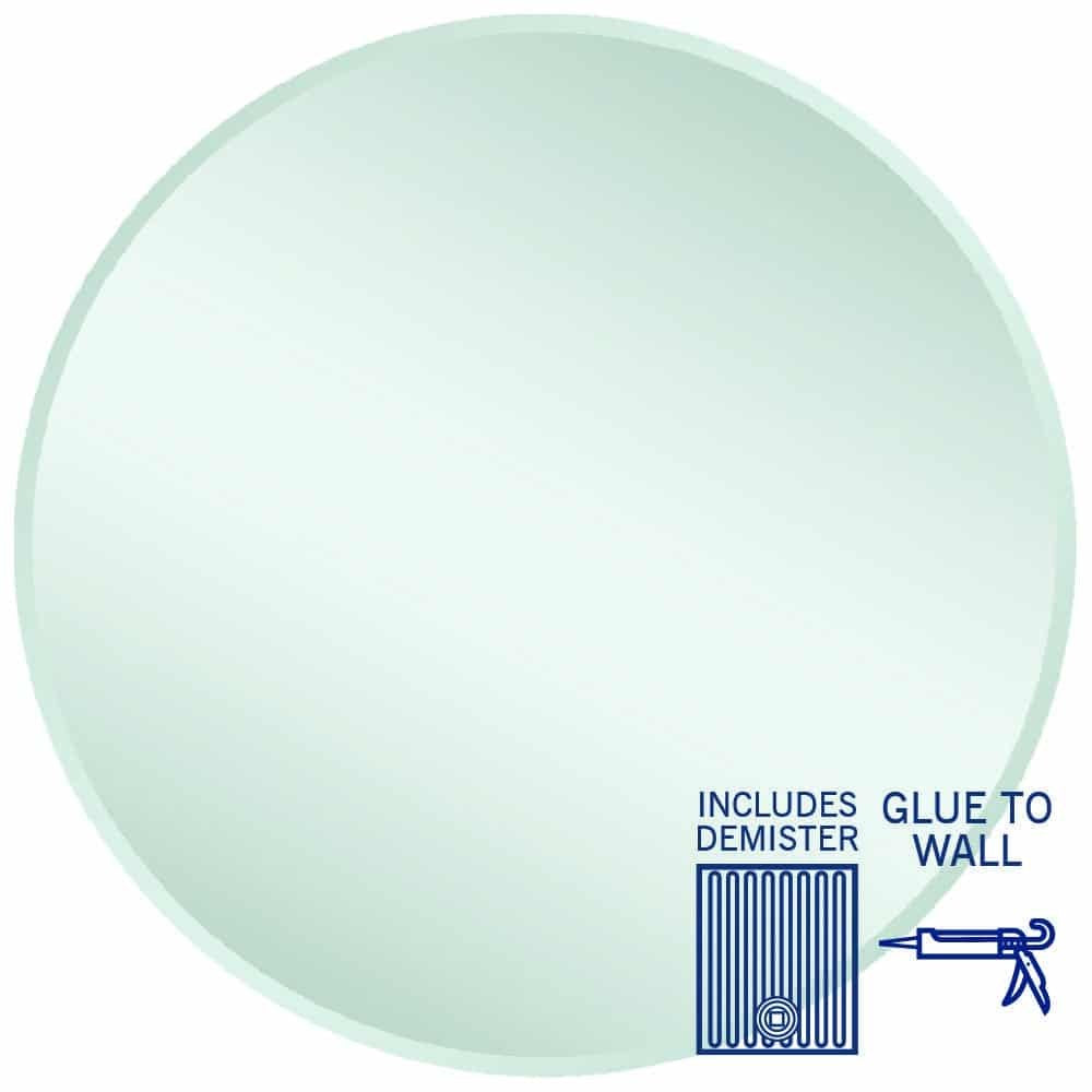 Thermogroup Kent round mirror with bevel edge, includes demister and glue-to-wall fixing, front view