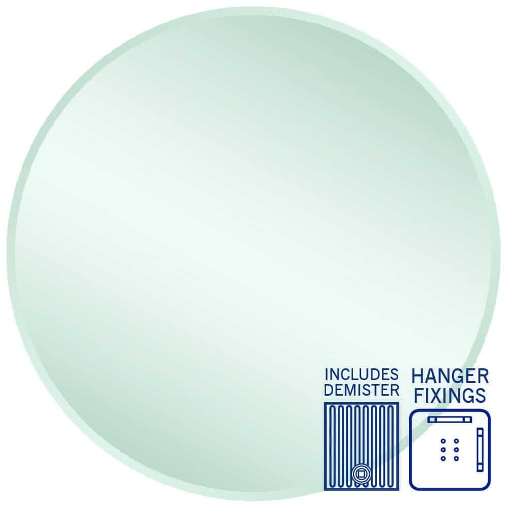 Thermogroup Kent round bevel mirror with demister and hanger fixings, white on background
