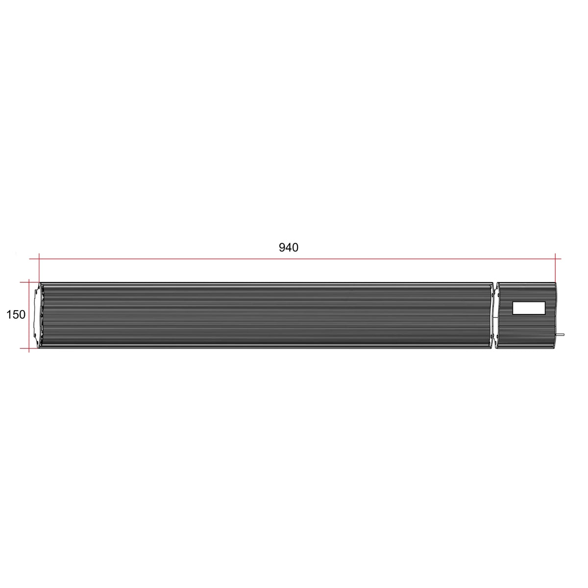 Thermogroup Lotus wall mounted outdoor heater technical drawing, black, 940mm wide x 150mm high, side view with dimensions