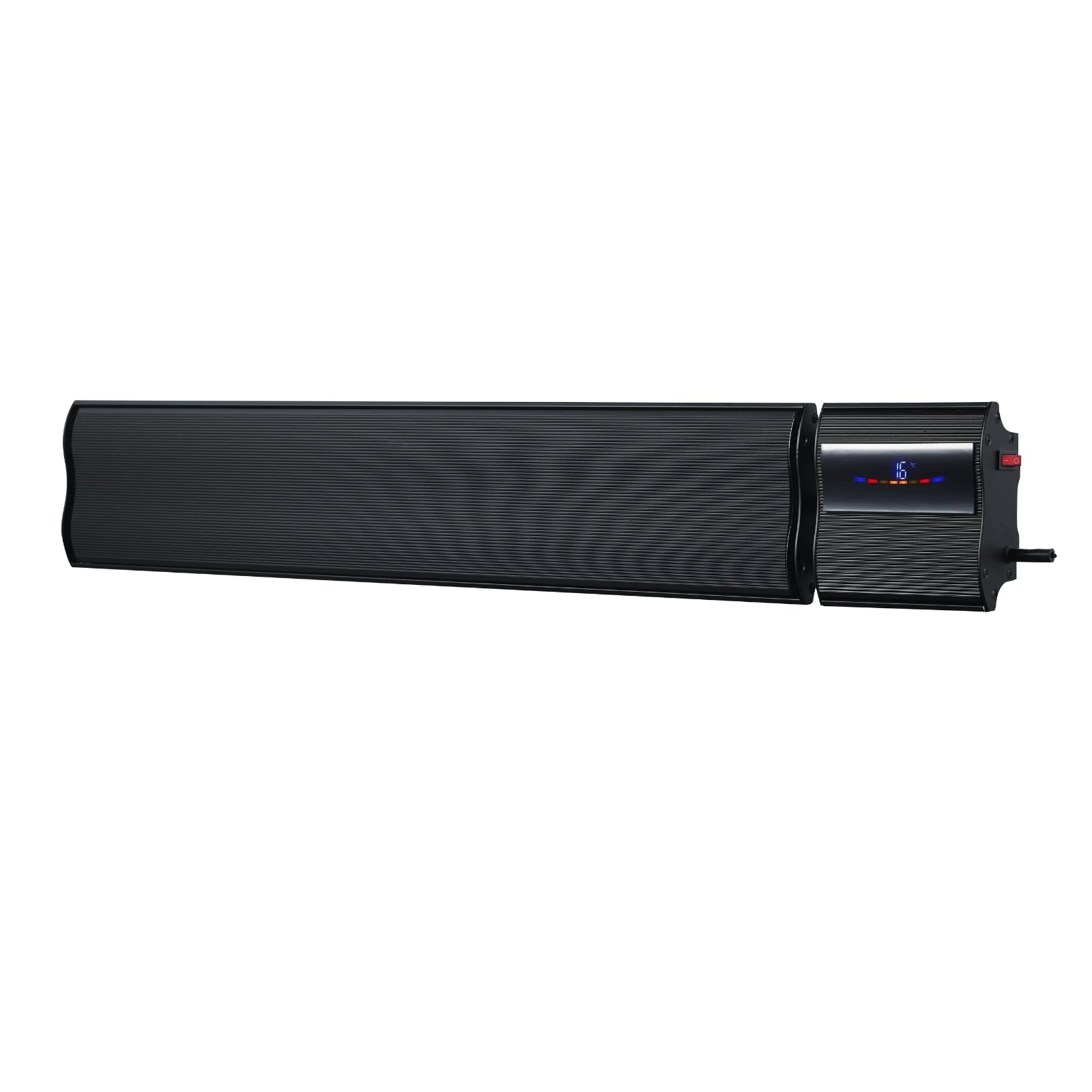 Thermogroup Lotus black wall mounted outdoor heater with digital display and slim elongated profile