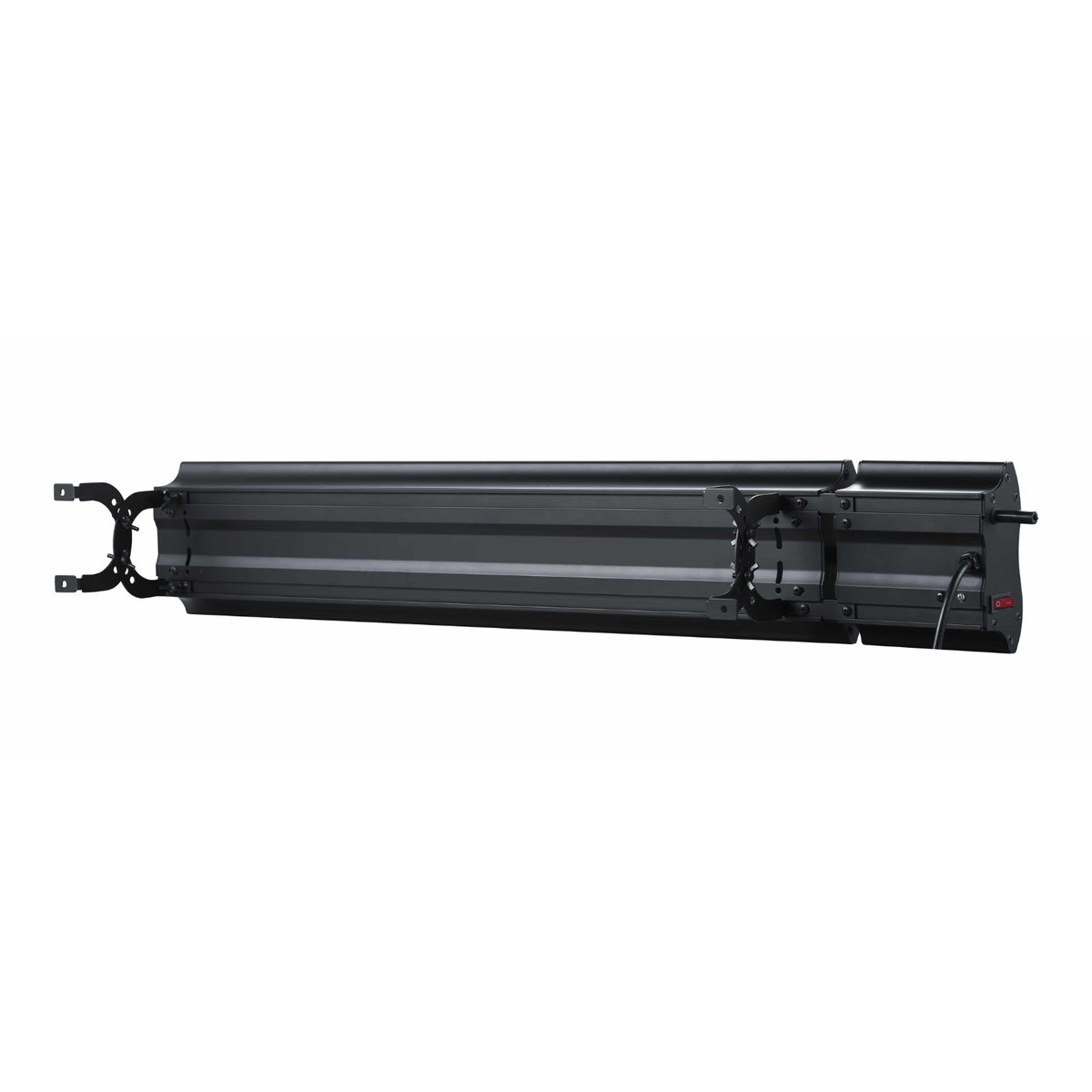 Thermogroup Lotus black wall-mounted outdoor heater, long slim profile with brackets and power lead visible