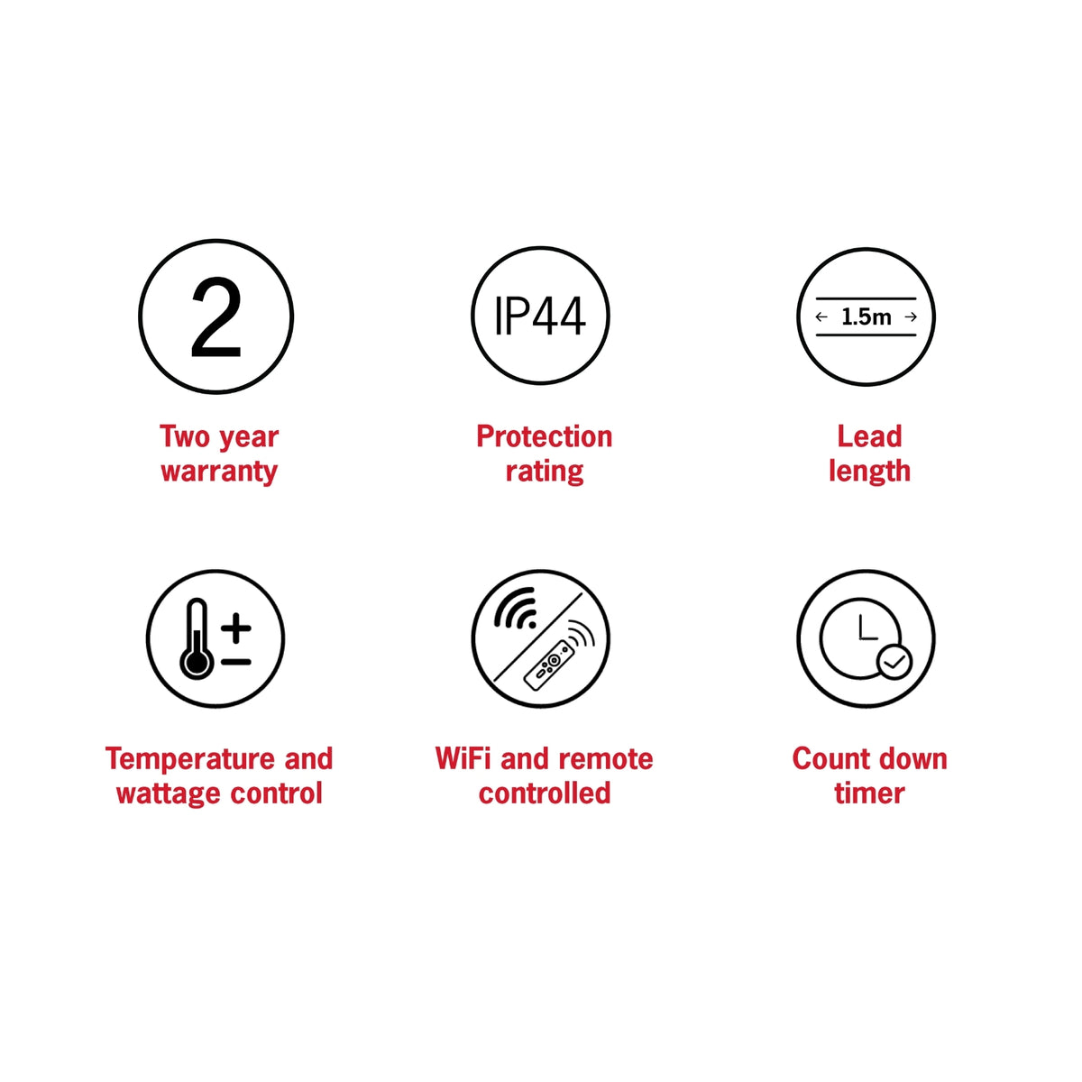 Thermogroup Lotus outdoor heater feature icons showing 2-year warranty, IP44 rating, 1.5m lead, Wi‑Fi remote and countdown timer