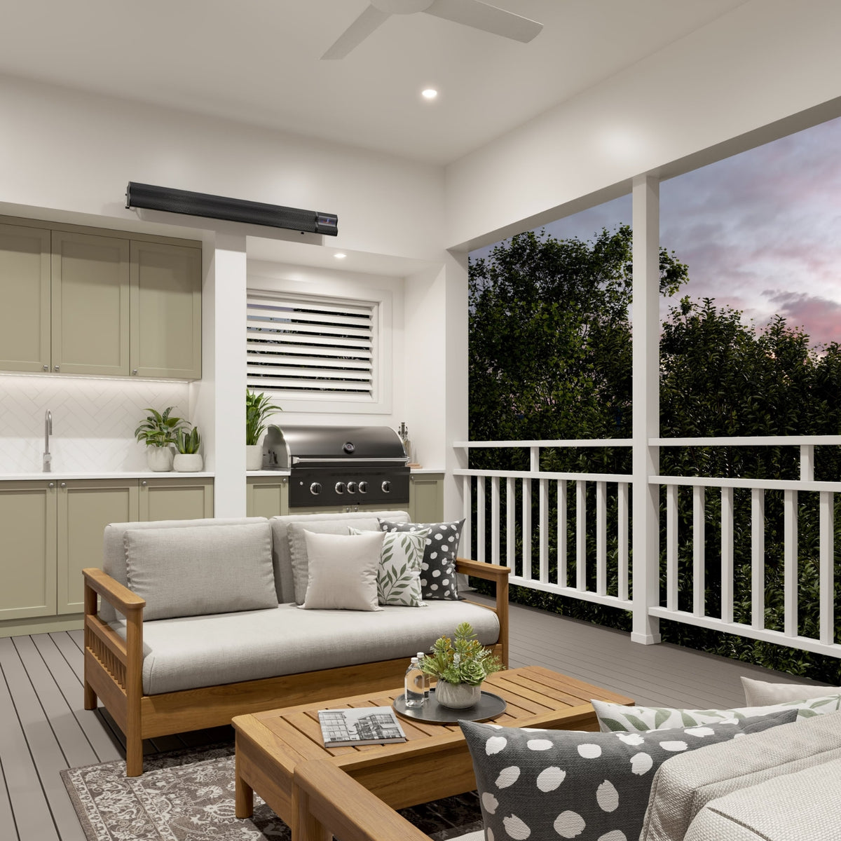 Black Thermogroup Lotus wall-mounted outdoor heater above a covered patio seating area and barbecue