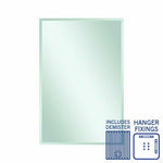 Thermogroup rectangular bevel edge mirror with demister, shown front on with hanger fixings and demister icons