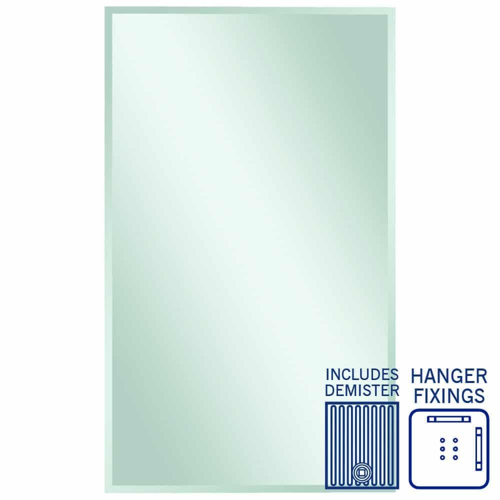 Thermogroup Montana rectangular bevel edge mirror with hanger fixings and demister, front view