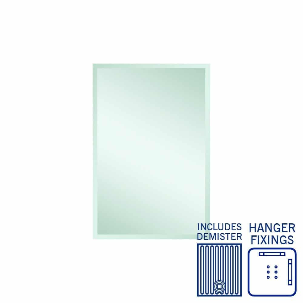 Thermogroup Montana rectangular bevel edge mirror with demister and hanger fixings, shown front on in white background