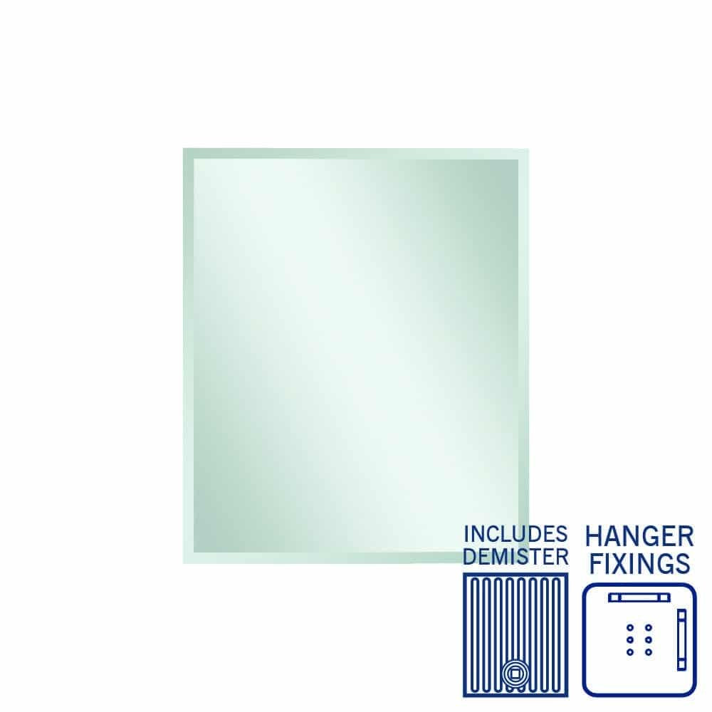 Thermogroup rectangular bevelled mirror with demister, shown front-on with hanger fixings icons