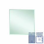 Thermogroup Montana rectangular bevel edge mirror with demister and hanger fixings, shown front on with icons below