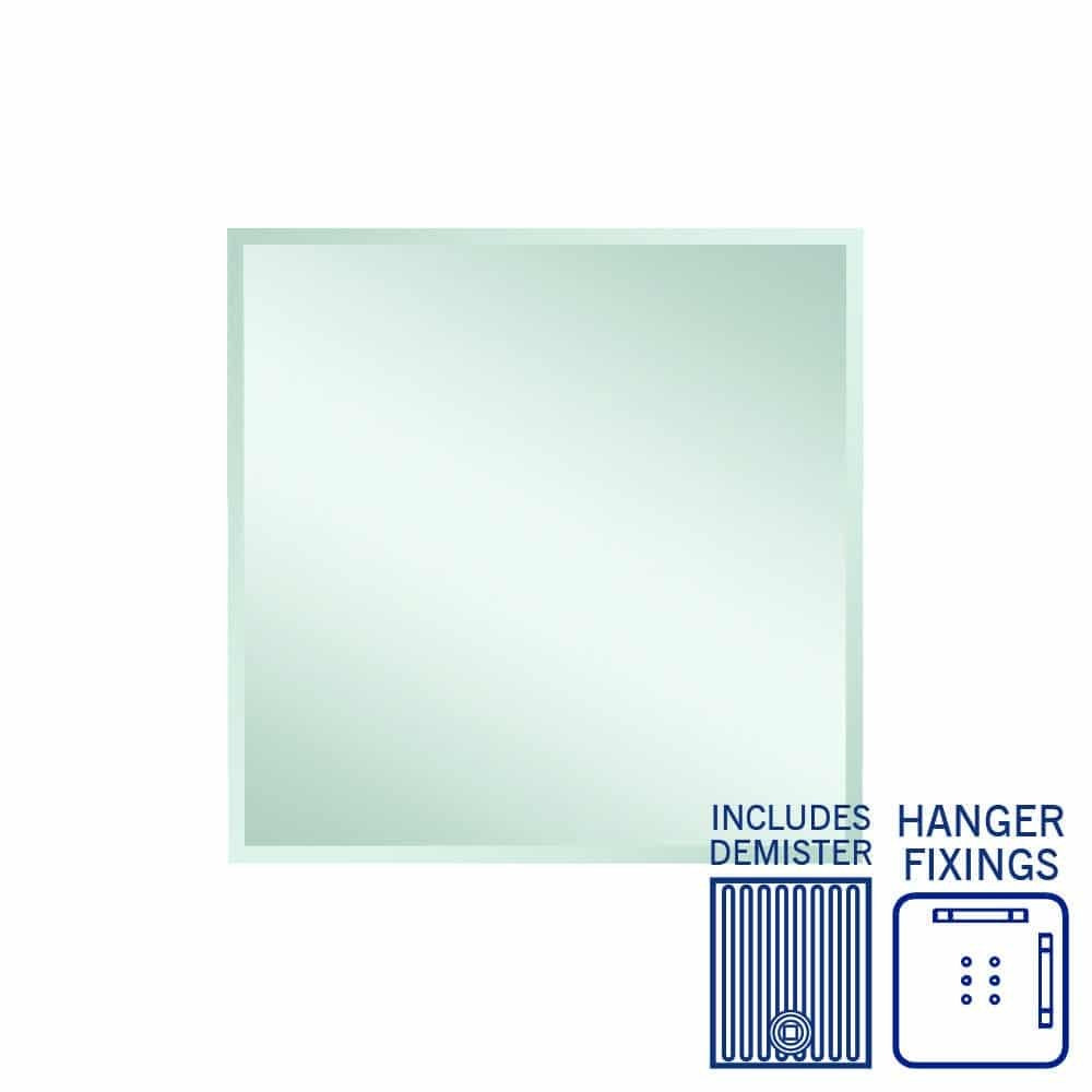 Thermogroup Montana rectangular bevel edge mirror with demister and hanger fixings, shown front on with icons below