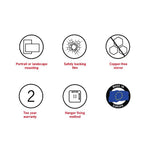 Thermogroup mirror feature icons showing portrait or landscape mounting, safety backing film, copper-free glass and 2-year warranty