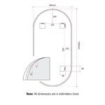 Thermogroup Pill black framed mirror technical drawing with dimensions, shown in pill shape and portrait orientation