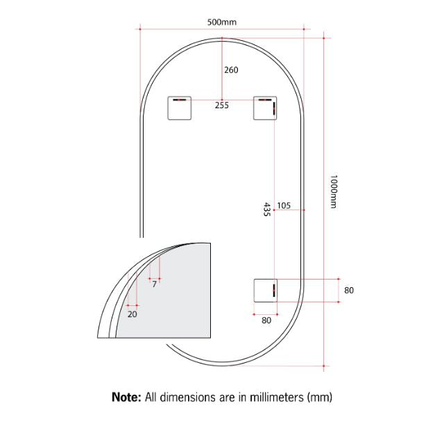 Thermogroup Pill black framed mirror technical drawing with dimensions, shown in pill shape and portrait orientation