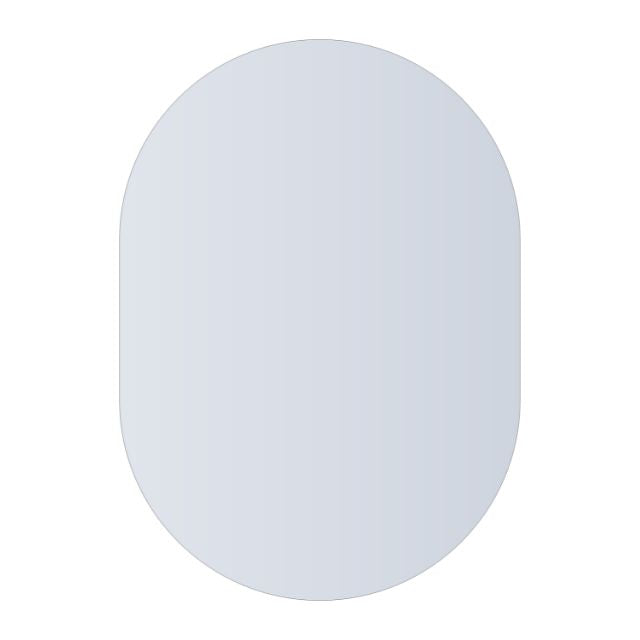 Thermogroup pill shape frameless mirror with polished edge, shown in portrait on a white background