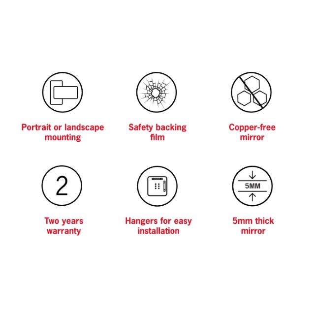 Thermogroup mirror feature icons showing portrait or landscape mounting, safety backing film, copper-free glass, hangers and 2-year warranty