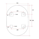 Thermogroup pill shape mirror technical drawing, 500 x 700mm, with hanger fixing measurements and polished edge outline
