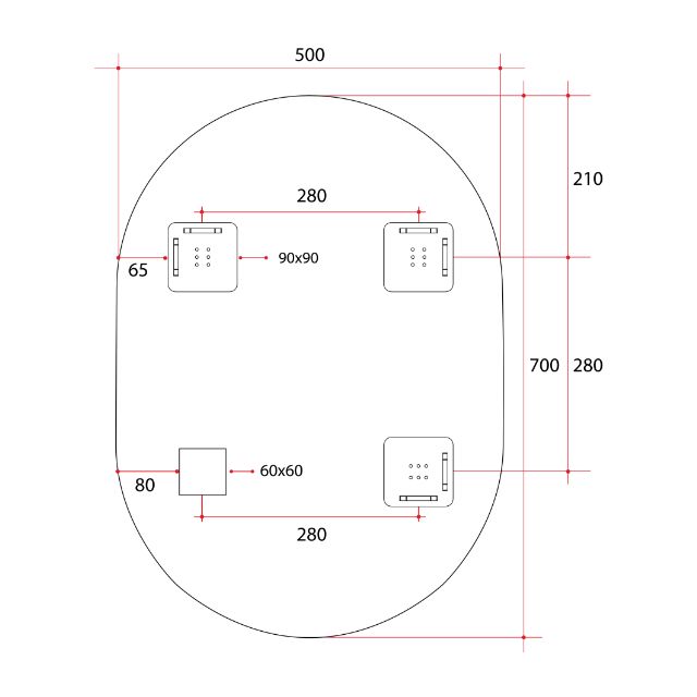 Thermogroup pill shape mirror technical drawing, 500 x 700mm, with hanger fixing measurements and polished edge outline