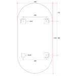 Thermogroup pill shape mirror technical drawing, 600 x 1200mm, with hanger fixing points and dimensions marked