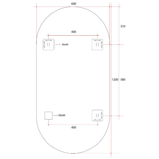Thermogroup pill shape mirror technical drawing, 600 x 1200mm, with hanger fixing points and dimensions marked