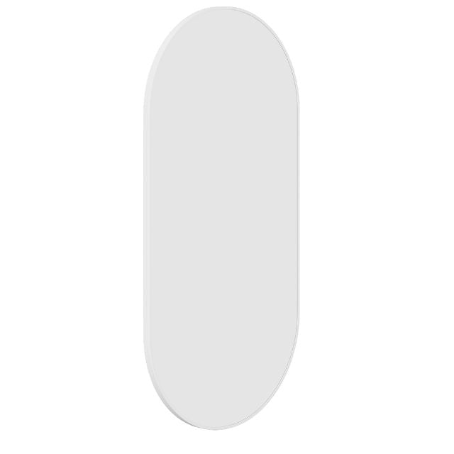 Thermogroup white pill-shaped framed mirror, front view, slim oval vertical design