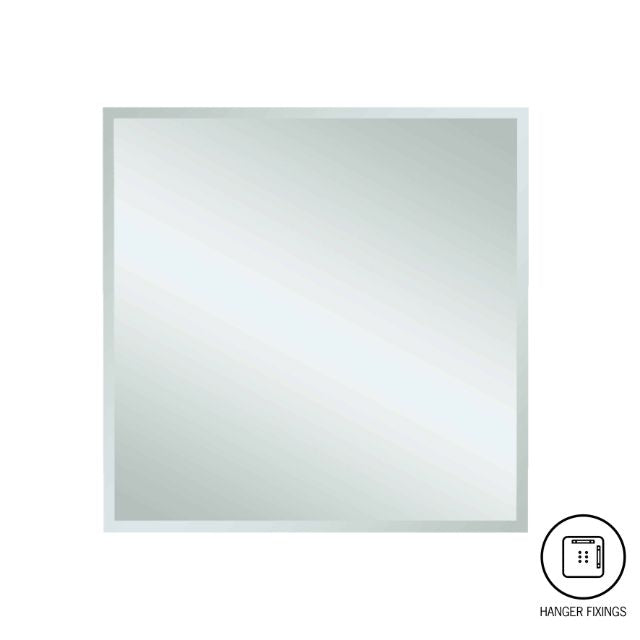 Thermogroup rectangular frameless mirror with 25mm bevel edge and hanger fixings on white background