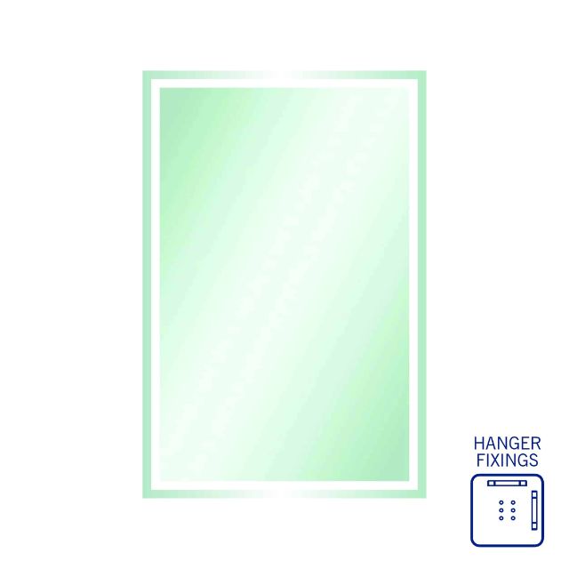 Thermogroup rectangular mirror with sandblasted border, framed in white, shown in portrait view with hanger fixings illustration