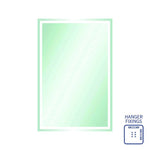 Thermogroup rectangular mirror with sandblasted border, framed in white, shown in portrait view with hanger fixings illustration