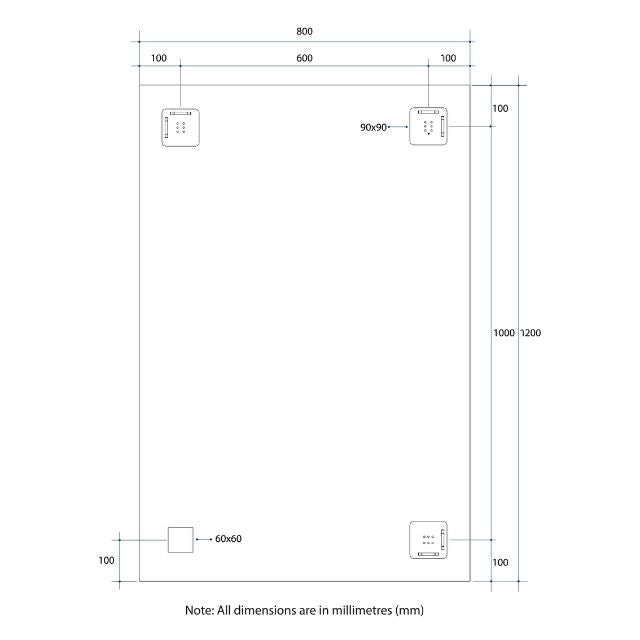 Thermogroup rectangular mirror technical drawing with dimensions and hanger positions, 1200 x 800mm, portrait or landscape mount