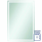 Thermogroup rectangular mirror with sandblasted border, portrait view, white finish, with hanger fixings shown