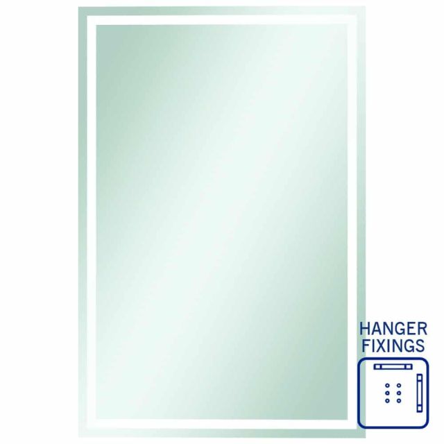 Thermogroup rectangular mirror with sandblasted border, portrait view, white finish, with hanger fixings shown