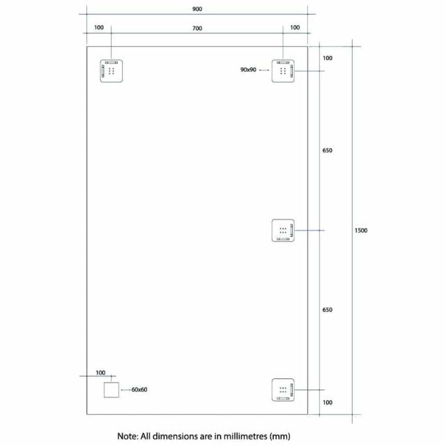 Technical drawing of Thermogroup rectangular mirror, 1500 x 900mm, showing hanger positions and dimensions