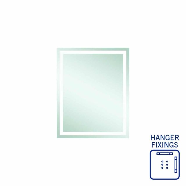 Thermogroup rectangular mirror with sandblasted border and hanger fixings, shown in portrait orientation on white background