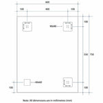 Thermogroup rectangular mirror technical drawing with hanger positions and 600 x 750mm dimensions