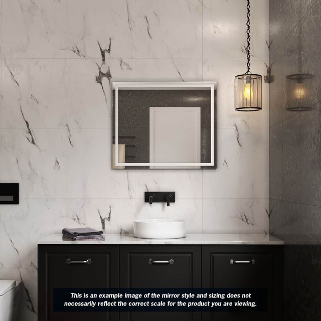 Thermogroup rectangular mirror with sandblasted border, framed in a bathroom vanity setting, portrait view