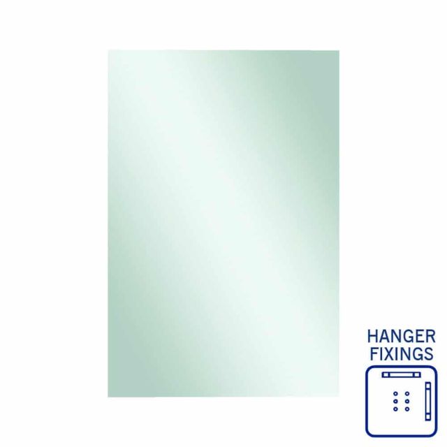 Thermogroup rectangular frameless mirror with polished edge, shown in portrait on a white background with hanger fixings diagram