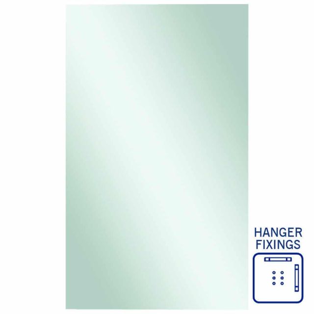 Thermogroup rectangular frameless mirror with polished edge, portrait view, plus hanger fixings diagram on white background