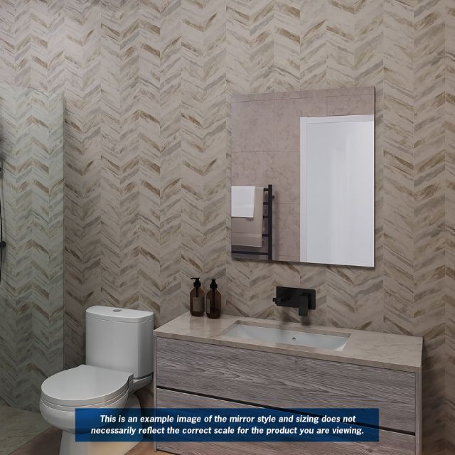Thermogroup rectangular polished edge mirror in bathroom setting, wall mounted above vanity with black tapware
