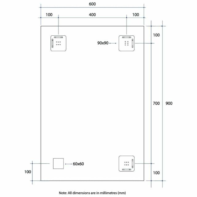 Thermogroup Rectangle Mirror 600x900mm technical drawing with hanger fixing points and dimensions in mm