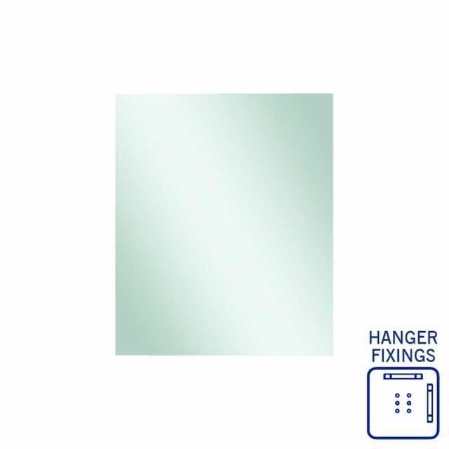 Thermogroup frameless rectangular polished edge mirror in silver, shown front on with hanger fixings