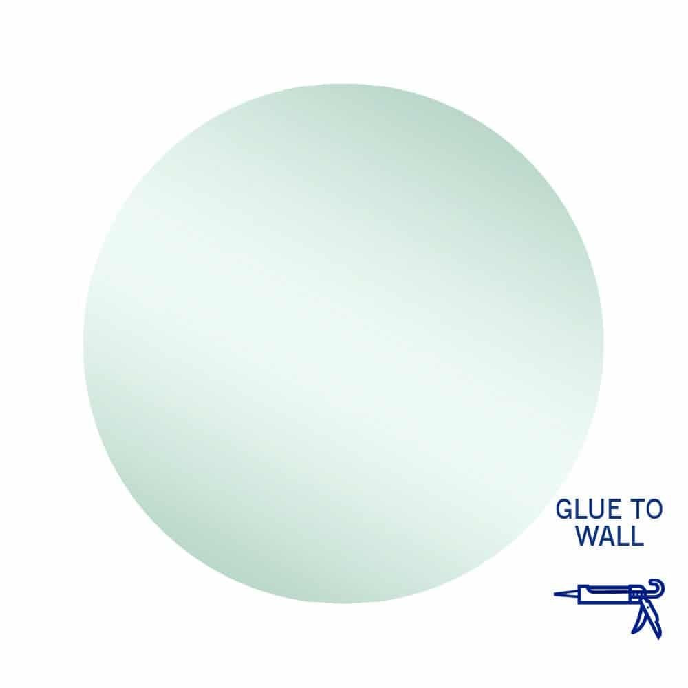 Thermogroup Rio round mirror, glue-to-wall, shown front on with plain frameless polished edge design