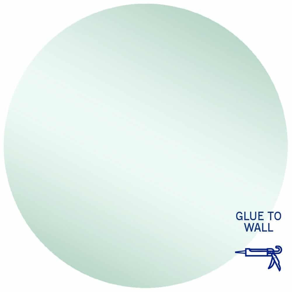 Thermogroup Rio round mirror, glue-to-wall, polished edge, frameless round mirror with glue icon on white background