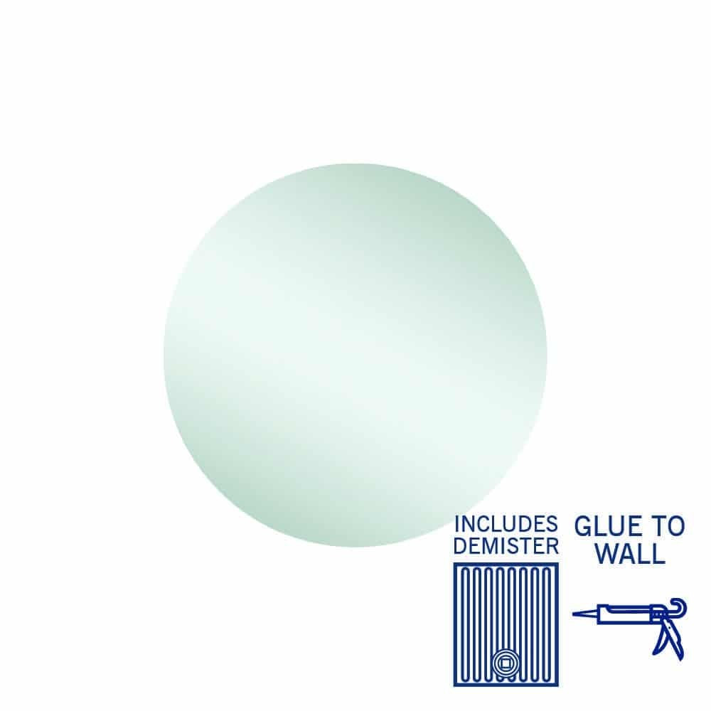 Thermogroup Rio round mirror with demister, glue-to-wall mounting, shown front on with icons for demister included.