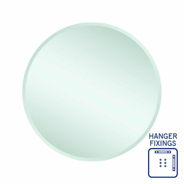 Thermogroup round frameless bevel edge mirror, white finish, with hanger fixings detail on a plain background