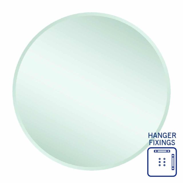 Thermogroup round frameless bevel edge mirror, 800mm, with hanger fixings shown at bottom right
